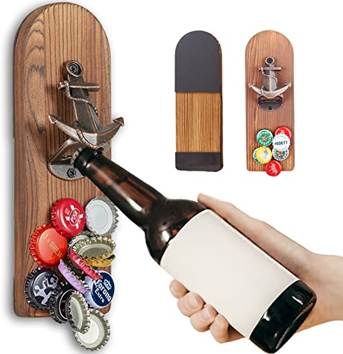 Magnétique Ouvre Bouteille en Bois, Decapsuleur Mural Biere Vintage, Original, avec Cap Catcher, Accessoire Bar Exterieur, Cadeau Homme pour Papa, Amie et Collègue (Style 2)