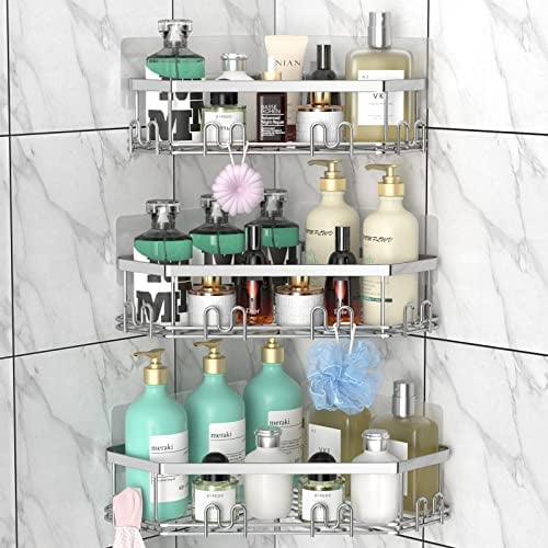 STEUGO Corner Shower Caddy, Organizer Shelf With 12 Hooks, 3-Pack Adhesive Stainless Steel Shelves for Bathroom Storage, No Drilling Wall Mounted Rack (Silver)