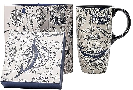 Topadorn Ceramic Travel Mug with Lid and Handle Gift for Coffee Lovers, Large Capacity Ceramic Coffee Mug Latte Teacup Ceramic Milk Mug in Color Box 17 Oz, Sailboat