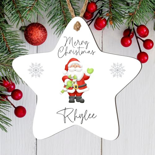 Personalised 'Merry Christmas' Tree Bauble - 8 Designs to Choose from - Custom Name Decorations - Holiday Keepsakes - Gift for Kids, (Mdf Wood Indoor Use Only, Santa Design)