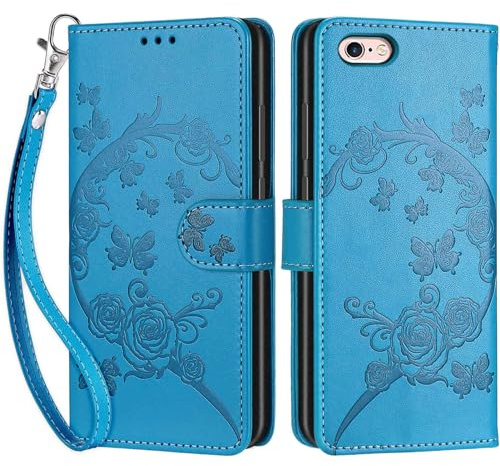 Handyhülle für iPhone 6 / iPhone 6s Hülle Leder Schmetterling Blau | 3 Kartenfächer & 1 Geldfach, Magnetverschluss, Ständerfunktion, robuste premium PU leder klapphülle für iPhone 6 / 6s