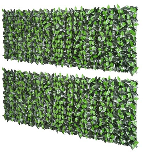 Outsunny Lot de 2 Haies artificielles Feuilles de Laurier - Treillis Extensible - Brise-Vue canisse végétale Feuillage réaliste dim. 3L x 1H m PE Anti-UV Vert