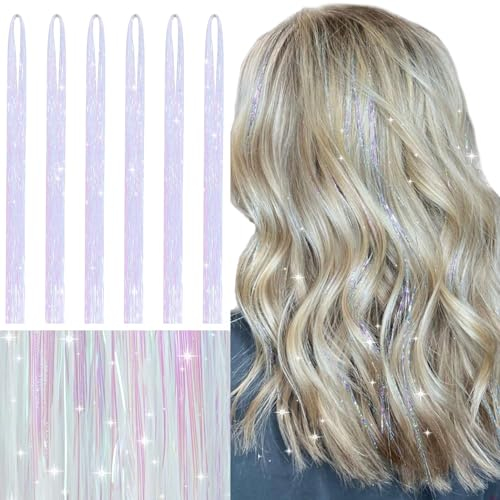 WENNALIFE Hair Tinsel, Silberweiß 120CM Haar Lametta 1200 Glitzer Haarsträhnen Kit Glitzersträhnen für Haare Festival Party Haar Glitzer Tinsel Hair Fairy Hair für Mädchen