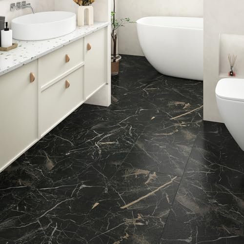 Yullpaper 24 pezzi per pavimenti in PVC, effetto piastrelle, autoadesivi, lavabili, colore nero, piastrelle adesive per il bagno, per il pavimento, per piastrelle, cucina, pavimenti in vinile,