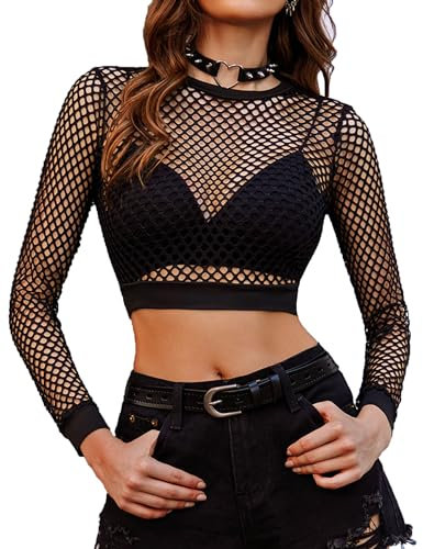 Avidlove Women's Mesh Crop Top Sexy Fishnet T-Shirt Casual Crew Neck Long Sleeve Y2K Blouse Shirt Tight T-Shirt Basic Blouse Tee Black