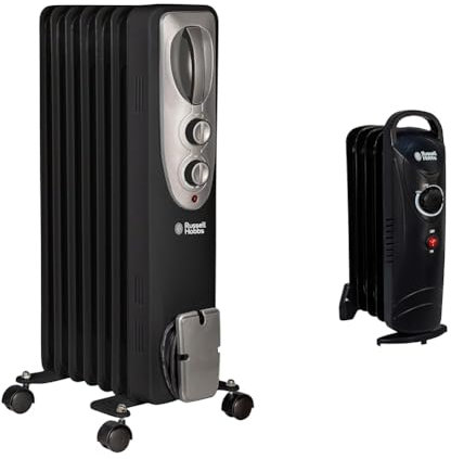 Russell Hobbs 1500W/1.5KW Oil Filled Radiator, 7 Fin Portable Electric Heater - Black & 650W Oil Filled Radiator, 5 Fin Portable Electric Heater - Black