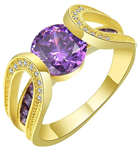 Dsnyu Wedding Ring Women, Promise Ring Vergoldet Gold-Lila Runder Zirkonia Damen Schmuck Größe 57 (18.1) Geburtstag Geschenk