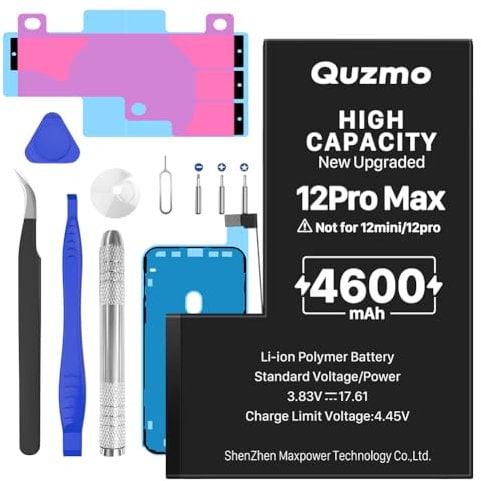 Battery for iPhone 12 Pro Max, 4600 mAh Replacement Battery with High Capacity Compatible with iPhone 12 Pro Max Models A2410, A2411, A2412, A2342 with Tool Kit
