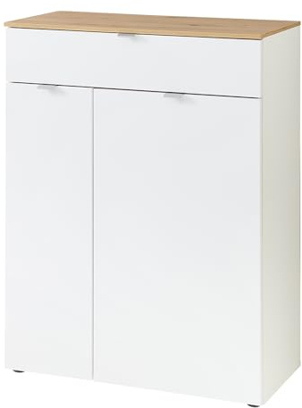 Lomadox Kommode Flurkommode Sideboard Highboard Schuhschrank mit Schubkasten weiß matt mit Eiche 78x102,1x37,4 cm