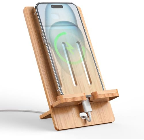 Pezin & Hulin Bamboo Cell Phone Stand, Adjustable Phone Holder for Phones, Portable Mobile Phone Dock Rack with Charging Hole for Tablets