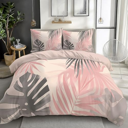 King Size Duvet Cover Botanical Watercolor Palm Leaves And Monstera Bedding Set with 2 Pillowcases Soft Non Iron Microfiber Bed Cover Light Pink Hypoallergenic Duvet Cover Set