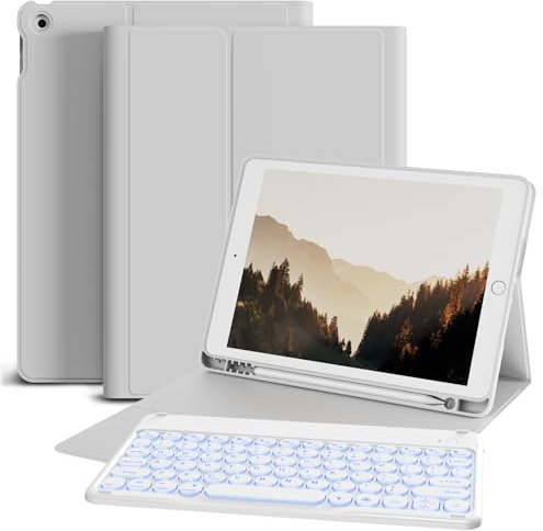 GKABXY Case with Keyboard for iPad 9th/8th/7th Generation (2021/2020/2019) 10.2 Inch with Pen Holder, Soft TPU Back, 7 Colors Backlit Detachable Wireless Bluetooth Round Key Keyboard, Gray