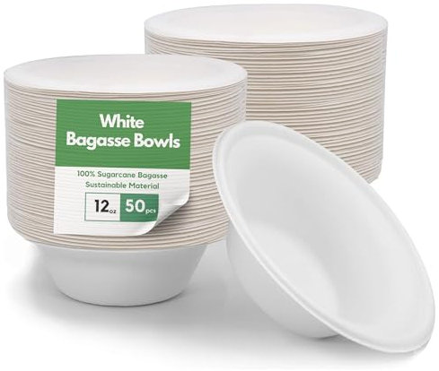 CaterCo Bagasse Sugarcane 12oz / 340ml Bowls - Strong, Disposable, Biodegradable, Compostable Eco-Friendly White Paper Bowl for Soup, Salad, Dessert, Party, BBQ - 12oz Bowls - 50 Pack