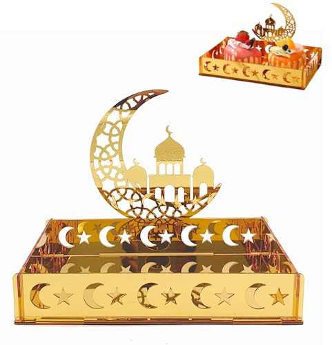 Ramadan Teller Eid Mubarak Dessertteller, Ramadan Teller Eid Mubarak Tablett Holztablett Tischdeko, Ramadan Deko für Zuhause, Ramadan Deko Tisch, Klassisches Acryl Ramadan Tablett mit Mond und Sternen