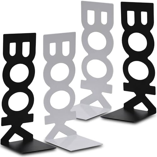 Serre Livres en Métal 2 Paires Serre-Livres pour étagères pour Bureaux, Écoles, Salons, Librairie et Bibliothèque (Noir et Blanc)
