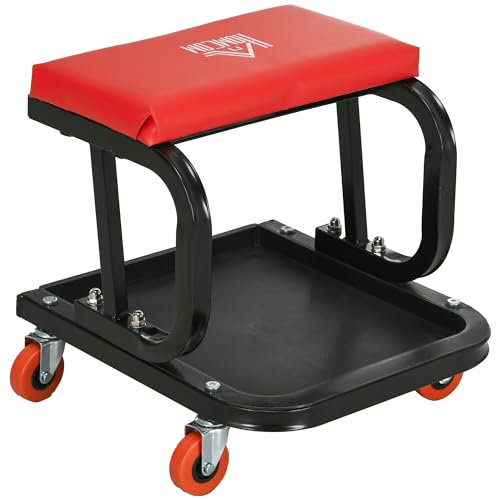 HOMCOM Workshop Stool, Rolling Machine Stool with 360° Swivel, Padded Seat, Tool Tray, for Garage, Workshop, Auto Repair, Red