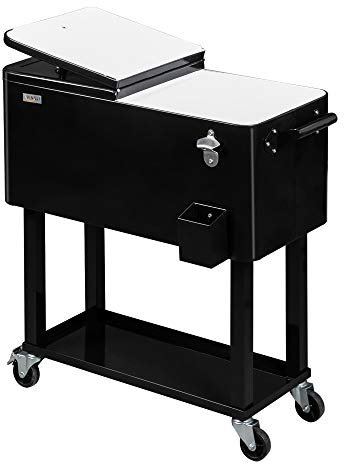 Bonnlo Cooler Bar Cart 80QT, Metal Rolling Ice Chest with Shelf, Outdoor Drinks Cooler Trolley with Bottle Opener, Easy Move for Garden Party, Black