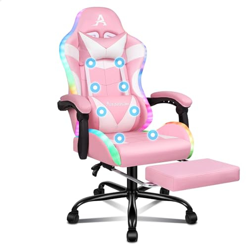 ALFORDSON Chaise Gaming Bureau LED RVB, Fauteuil Gamer, Repose-Pieds,Rose | Chaise Gamer Massage, Fauteuil Pivotante Ergonomique, Repose-Pieds, Appuie-Tête, Hauteur Réglable, Capacité Charge 180 kg