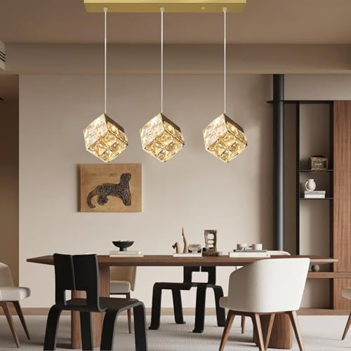 AIAO Hängelampe Zauberwürfel Moderne LED-Pendelleuchte Tisch Hängelampe Esstisch K9-Kristall Hängeleuchte For Wohnzimmer Esszimmerlampe Höhenverstellbar Lampen Mit Fernbedienung Dimmbar(A,3 lights)