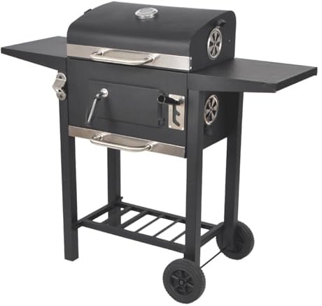 LQWELL Grillwagen, Holzkohlegrill BBQ Smoker Trolley, Standgrill mit Deckel, Edelstahl-griff, Grillrost, Thermometer, Flaschenöffner und Rädern, Maße ca. L109 x W54 x H94.5 cm, Schwarz