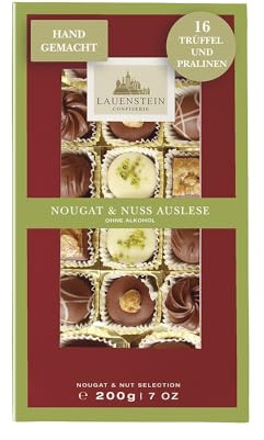 Lauenstein Confiserie Nougat und Nuss Pralinen, 16 handgefertigte Pralinen ohne Alkohol aus feinem Nougat und Nuss in Geschenkbox 200g mit 8 verschiedenen Pralinensorten