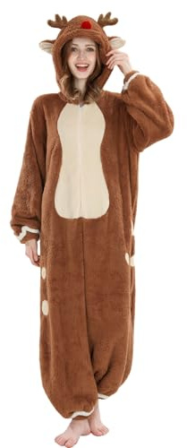 FCCAM Damen Rentier Onesie Weihnachten Pyjama, Flauschiger Fleece Jumpsuit mit Kapuze und Reißverschluss, Warmer Tier Schlafanzug für Erwachsene Winter Loungewear