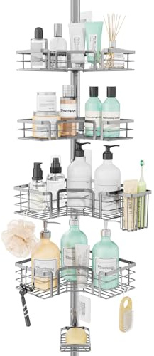 SWTYMIKI Duschregal Teleskop Dusche Teleskopstange - Edelstahl, 70-275cm | 4-Tier Teleskop Eckregal Dusche mit Seifenhalter, Zahnbürstenhalter und 4 Haken, verstellbarer Duschablage Ohne Bohren Ecke