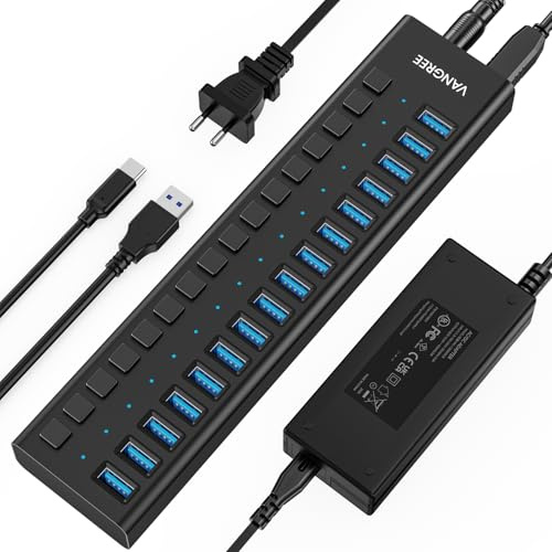 VANGREE Hub USB Alimenté 16 Ports 3.2, 10Gbps, Adaptateur 96W