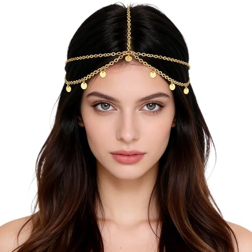 Kopfkette mit Pailletten,Kopfkette mit Zechinen,Quaste, Haarkette,Haarreif Sonne Mond Stern,goldene Kopfbedeckung Festival-Haarschmuck für Damen und Mädchen