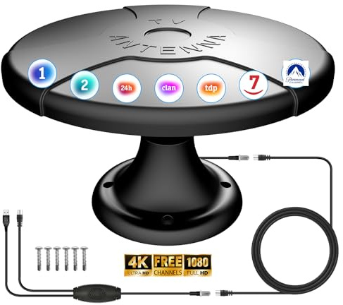 Antena TV para Caravana, Antena TV Digital Inteligente HD para Exterior, Recepción 360°, Recepción Gratuita de Canales Locales, Cable 5m, 4 Tornillos, para Ático, Exterior, Casa, Caravana y Camión