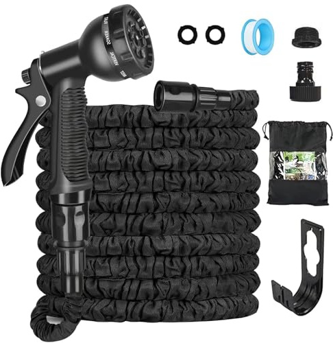 Expandable Garden Hose Pipe 30m/100ft, Heavy Duty Flexible with 7-Function Spray Gun, 3/4 1/2 Fittings, Double Layer Latex Core Hosepipe, Durable & Anti-Leak Kink Free (Black)