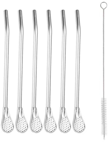 Stainless Steel Straw Spoon 2 in 1,6 Pcs Metal Drinking Straws with Filter,Reusable Yerba Mate Bombilla for Tea Coffee Cocktail