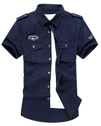 Gihuo Men's Short Sleeve Military Button Down Cargo Shirt - Navy - Large