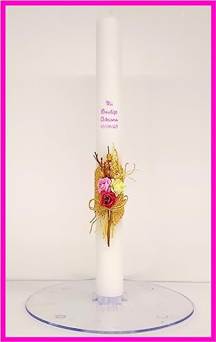 VELA (CIRIO) PARA BAUTIZO PERSONALIZADA NIÑA/NIÑO MEDIDA 3 x 30 CM DECORADA CON PICK FLORAL RÚSTICO ROSA. (PERSONALIZADA)