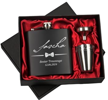 FLACHMANN SET SCHWARZ MATT IN GESCHENKBOX 150 ML MIT FOTO GRAVUR WUNSCH TEXT FLACHMANN GRAVIERT EINSEITIG