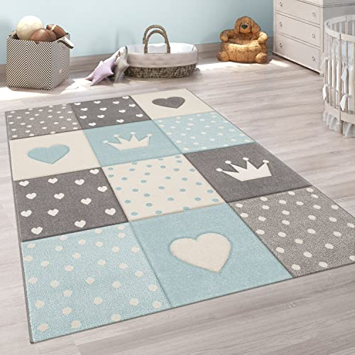 Paco Home Teppich Kinderzimmer Junge Mädchen Kinderteppich Spielteppich Kurzflor 3D Optik Pastell Punkte Herzen Krone, Grösse:200x290 cm
