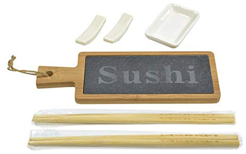 Alpina Juego de 6 piezas de bambú respetuoso con el medio ambiente individual para servir sushi con bandeja de pizarra