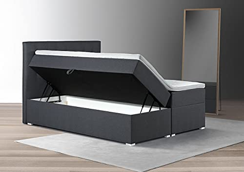 Tesla Dreams-Adler Boxspringbett mit bettkasten 180x200 - Stauraum 1,00 m3, Taschenfederkern-Matratzen H3, Topper Komfortschaum-3D, Anthrazit