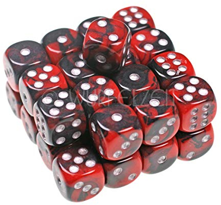 Würfelzeit 7902 - Würfel w6 12 mm Combatt schwarz-rot m/Silber (32 Augenwürfel in Klarsichtbox)