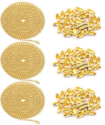 Swpeet 3Pcs Gold 120 Metal Ceiling Fan Pull Chain Extension with 90Pcs Matching Connectors Kit, Durable & Strong Bearing Rust Proof 3mm Beaded Extension Chains for Ceiling Fan or Light