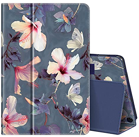 Fintie Hülle für Amazon Fire HD 10 Tablet 2023 13. Generation/Fire HD 10 2021 11. Generation - Folio Kunstleder Schutzhülle mit Auto Wake/Sleep Ständerfunktion, Blühender Hibiskus