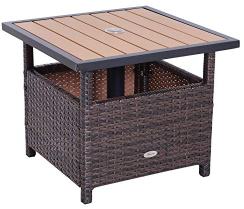 Outsunny Polyrattan Beistelltisch Gartentisch Terrassentisch Schirmständer für Ø4,5cm Sonnenschirm inkl. Sandsack Braun 55,5 x 55,5 x 46 cm