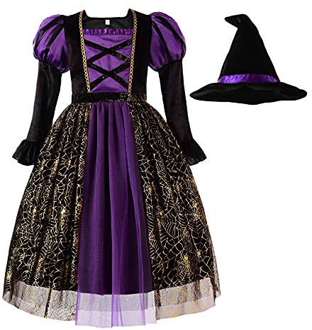 ReliBeauty Costume Vestito Strega Bambina Halloween con Cappello Strega Bambina,110