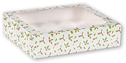Anniversary House Christmas Cupcake Box with Window and Removable 12 Hole Insert, Holly Print, Easy Assembly, 7.5 x 25 x 31 CM, J113
