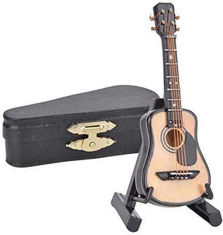 Hapivida Miniatur Gitarre, Handgemachte Akustikgitarre aus Holz mit Stand und Case, 8cm, Dekoratives Modell für Puppenhaus, Heimtextilien, Foto Props