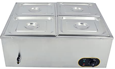 Commercial Bain Marie,1500W Stainless Steel Electric Food Warmer Temperature Control with Covers,Drain Tap,GN 1/2 Containers x4