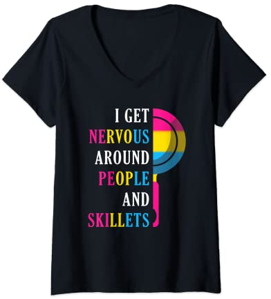 Womens Pansexual Pride Pan Skillet Quote Pansexuality Pan Pride V-Neck T-Shirt