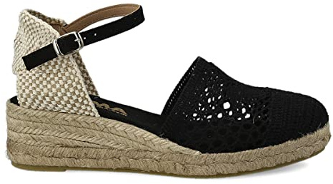 PAYMA - Sandalias Cuñas Bajas de Esparto de Mujer de Crochet. Hechas en España. Esparteras Tacón 3 o 5 Cuerdas. Planta Acolchada en Tela. Hebilla al Tobillo o Cintas. Color: Negro, Talla: EU 41