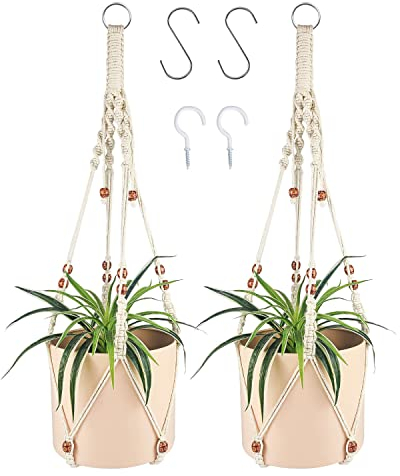 Trongle 2 Packs Macrame Plant Hangers, Boho Style Plant Hangers Indoor with 4 Hanging Hooks, 100% Cotton Degradable Rope Plant Hanger, 90cm Ceiling Plant Holder for Garden, Office, Home Decoration