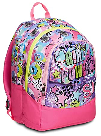 SJ GANG STYLE JAM GANG Schulranzen mit Doppelfach und Frontfach, rosa, für Grundschule, Mädchen, Schulanfang, gepolsterter Rucksack